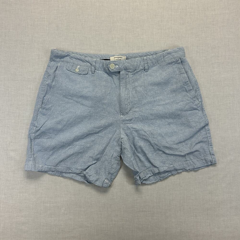 Banana Republic Linen Blend Chino Shorts Men's Size 36 Blue Plaid Casual Pockets